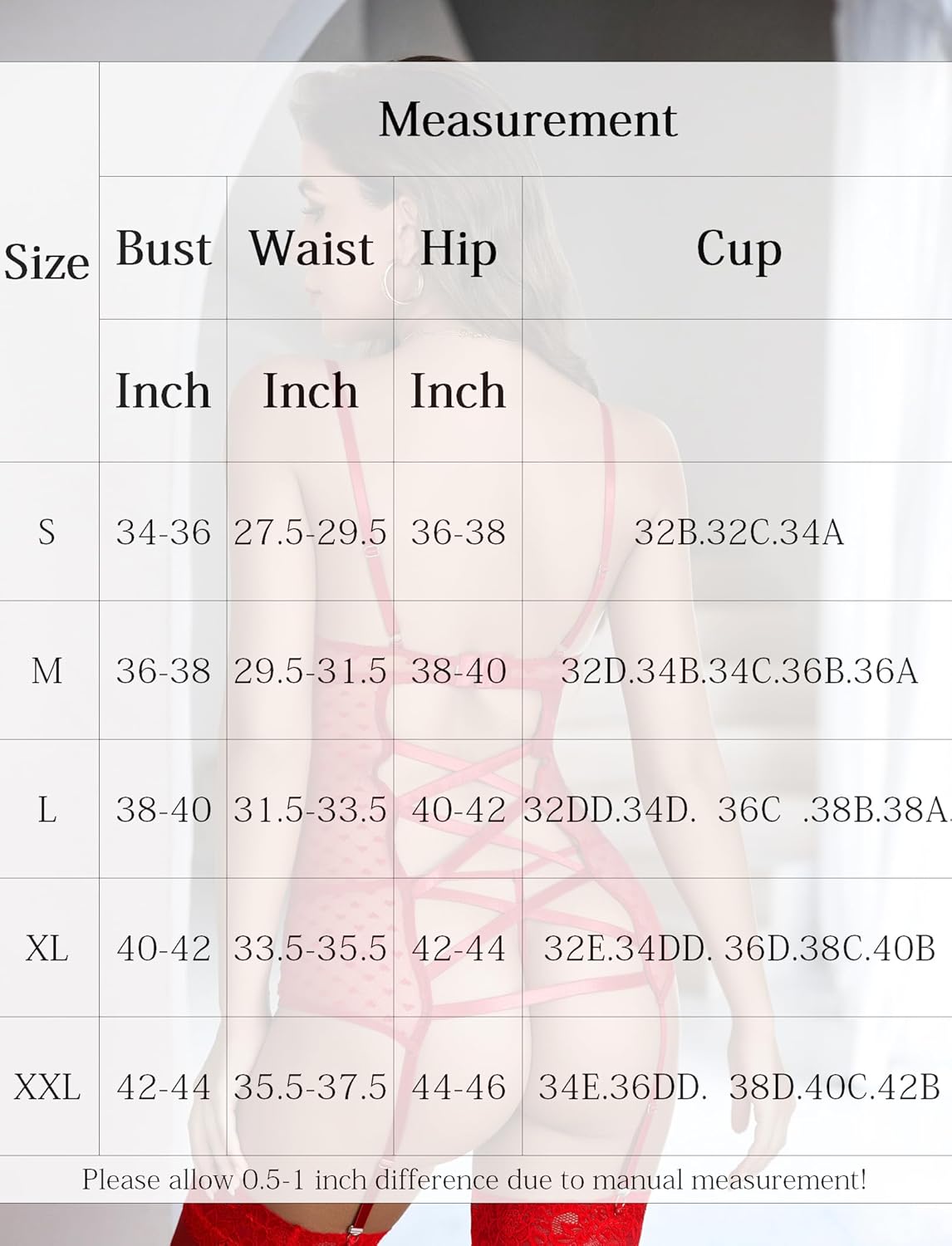 Mesh chemise garter set size chart: bust, waist, hip, cup measurements for sexy lingerie, S-XXL.