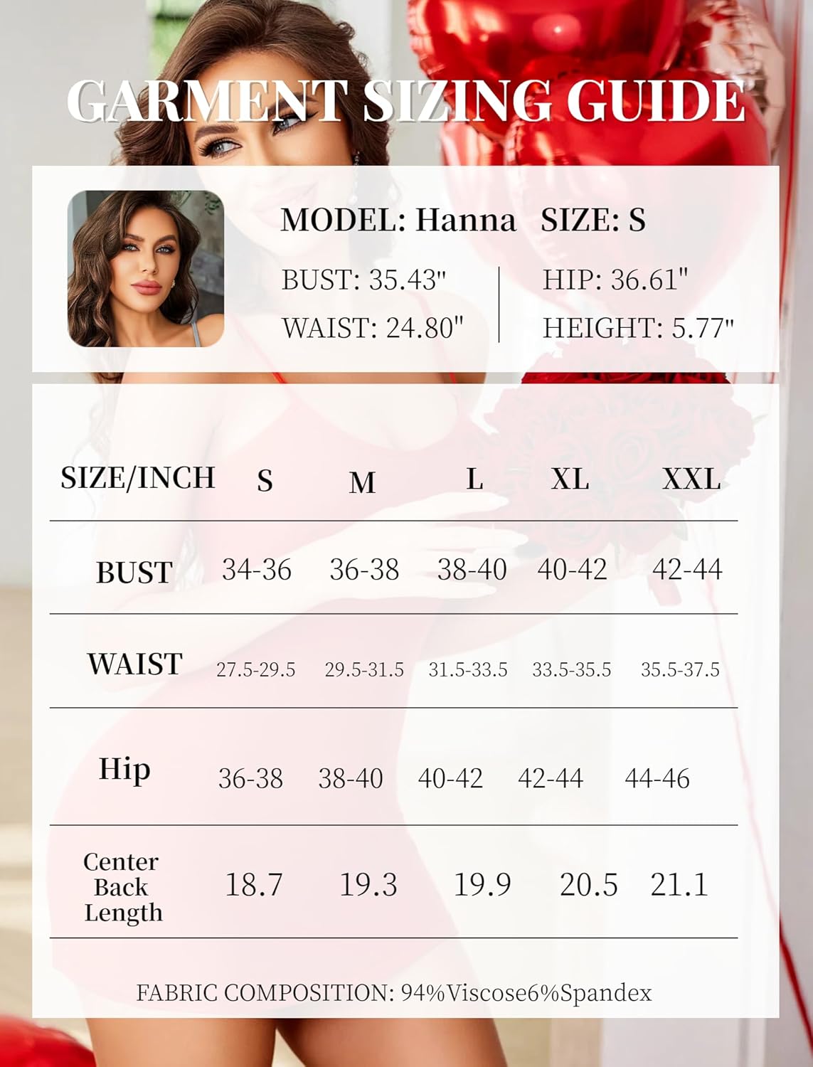 Lingerie size guide with model measurements and fabric details: 94% Viscose, 6% Spandex.