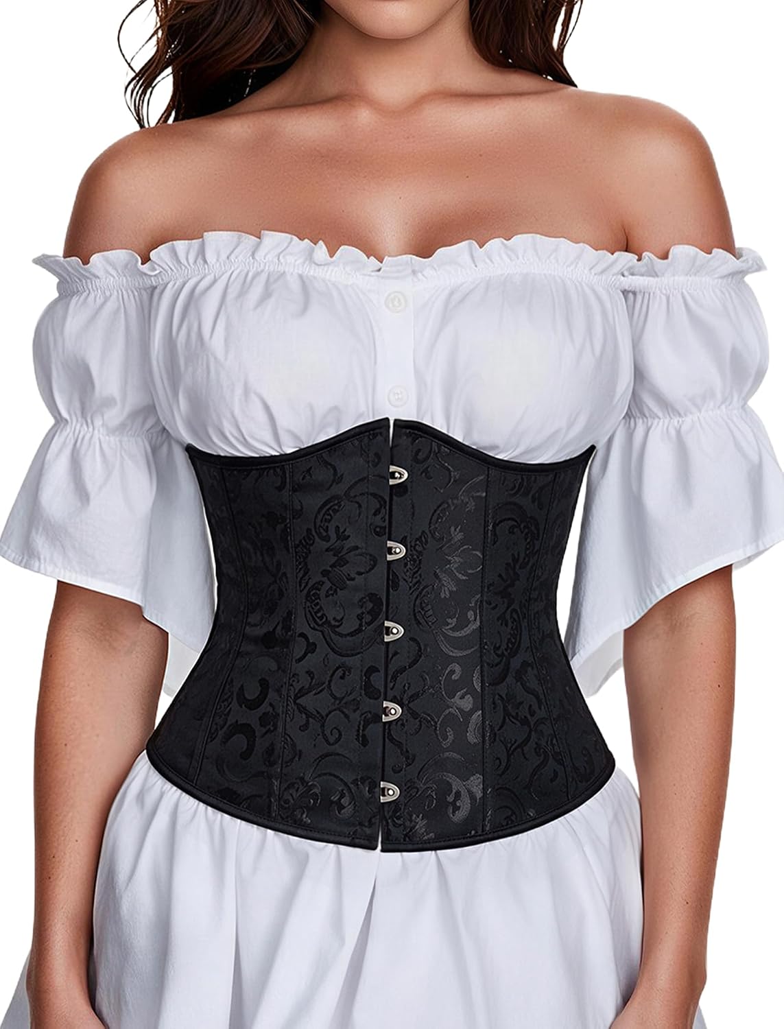 Black underbust corset top with button front and white off-shoulder ruffle sleeves