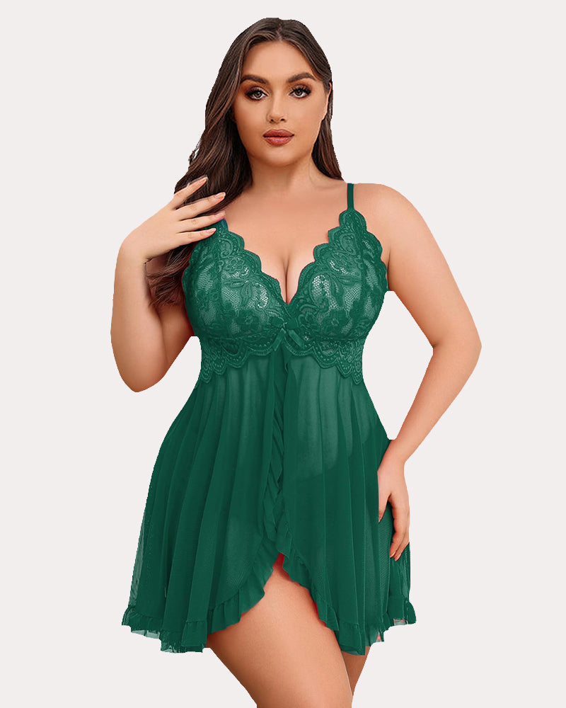 Plus Size Green Lace Babydoll Lingerie Set - Deep V-neck, Adjustable Straps, Sexy
