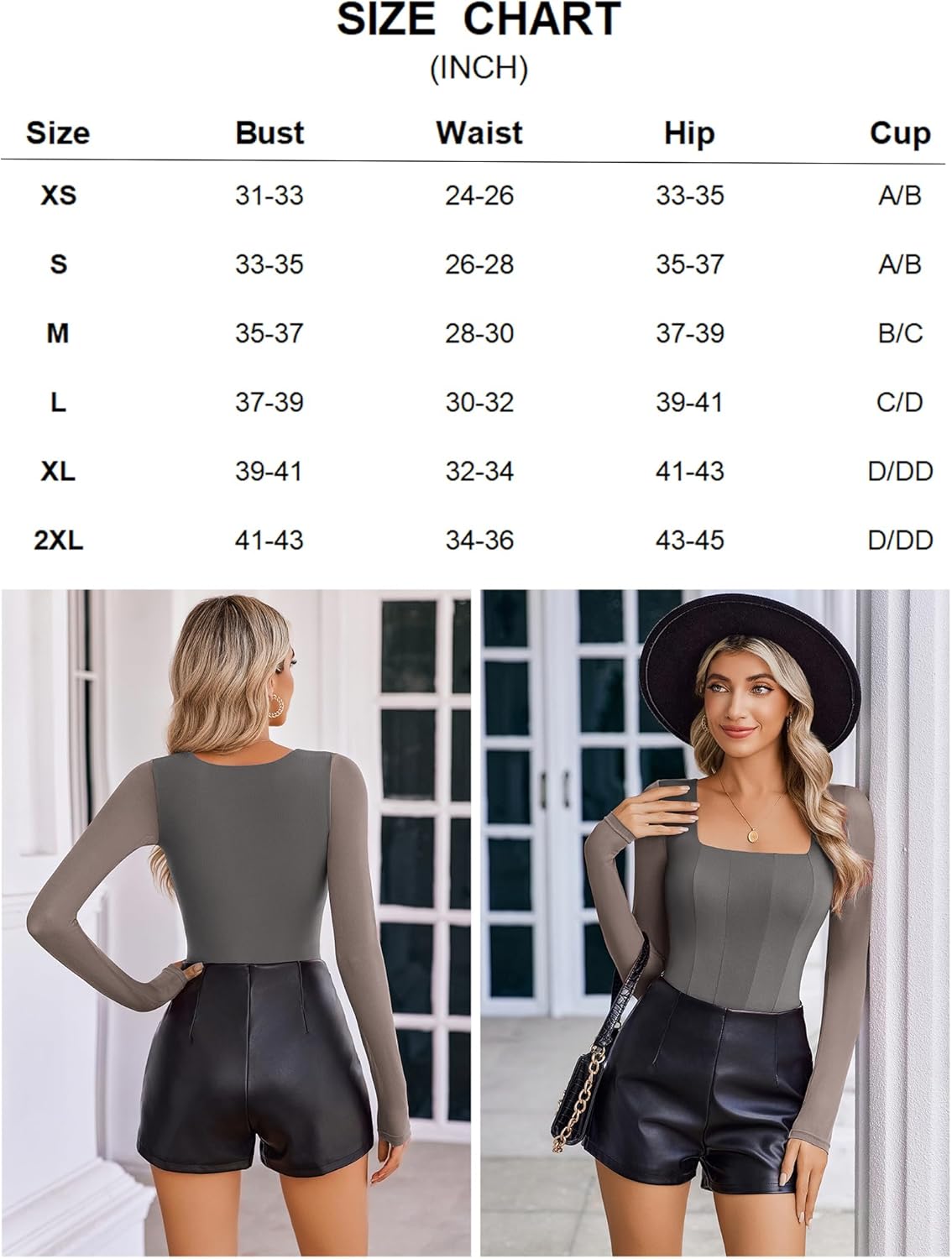 Size chart and models in square neck mesh leotard tops, showcasing Avidlove's bodycon style.