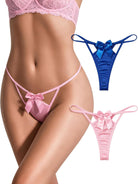 Pink satin and blue satin bow low-rise hollow-out thongs with front bow details