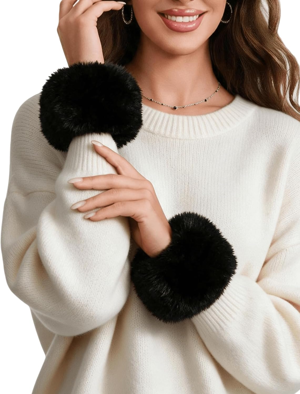 Black faux fur short wrist cuff warmer, plush round cuff with soft fuzzy texture