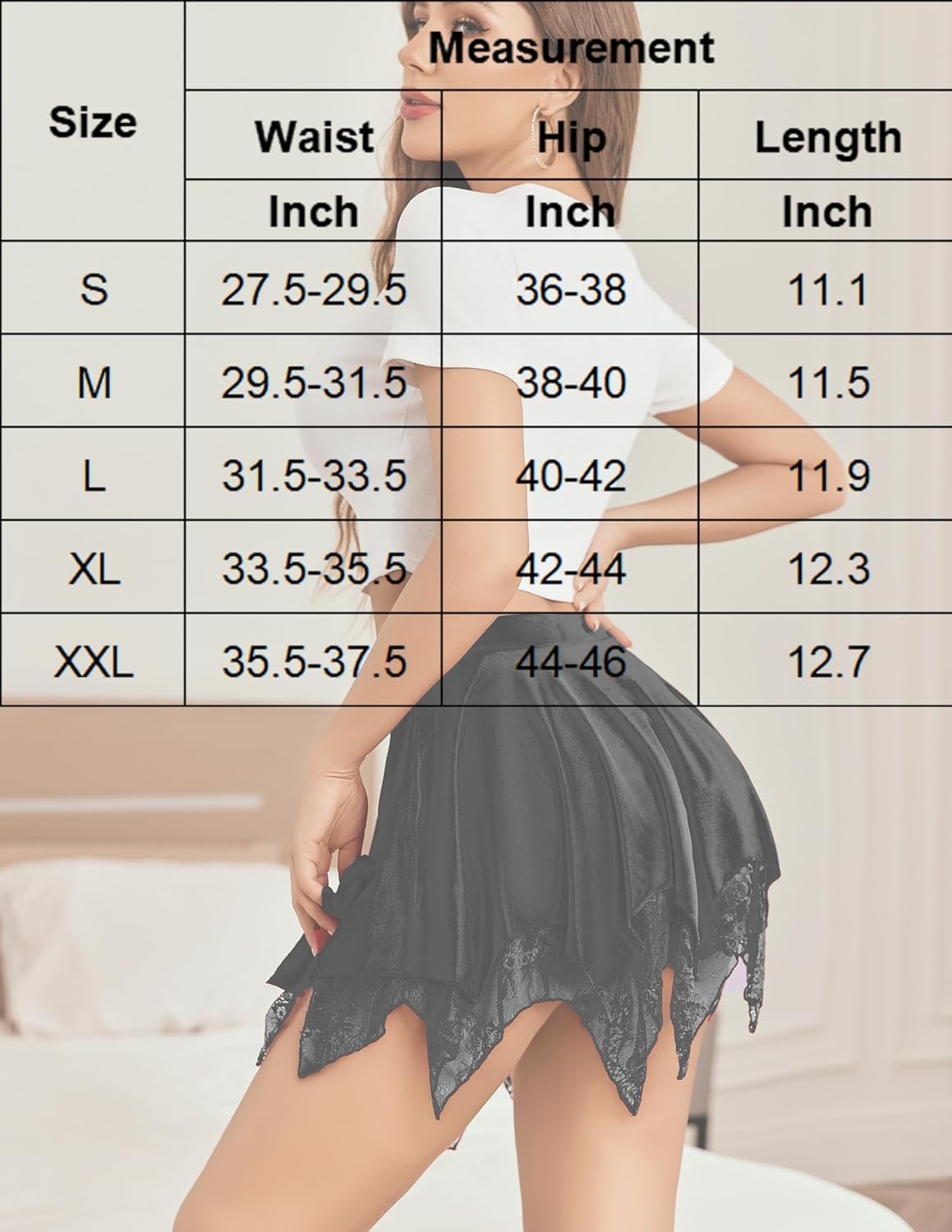 Y2k Black Asymmetrical Mini Skirt size chart with lace trim, sizes S-XXL