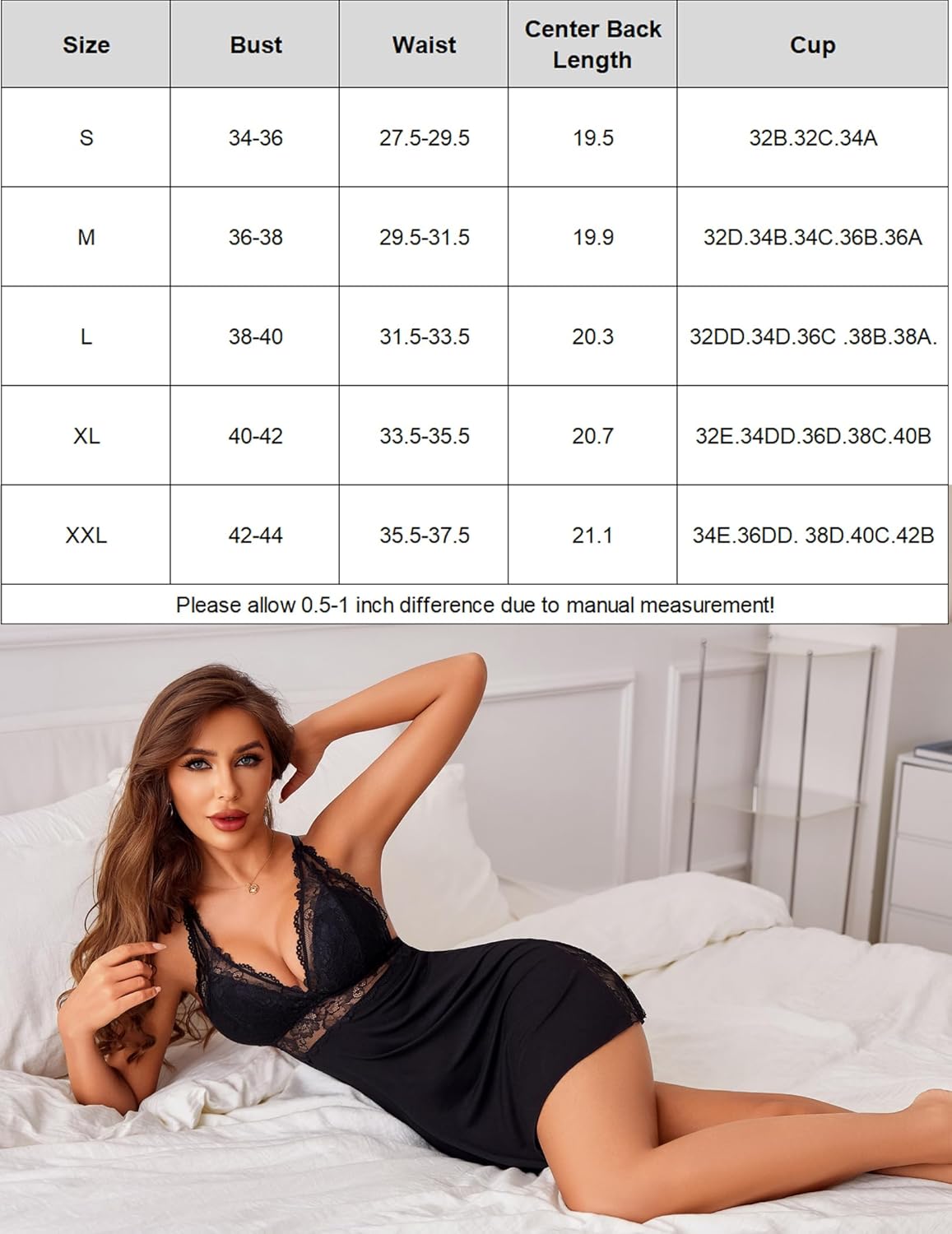 Black lace nightgown with V-neck, side slit, and size chart for a sexy night