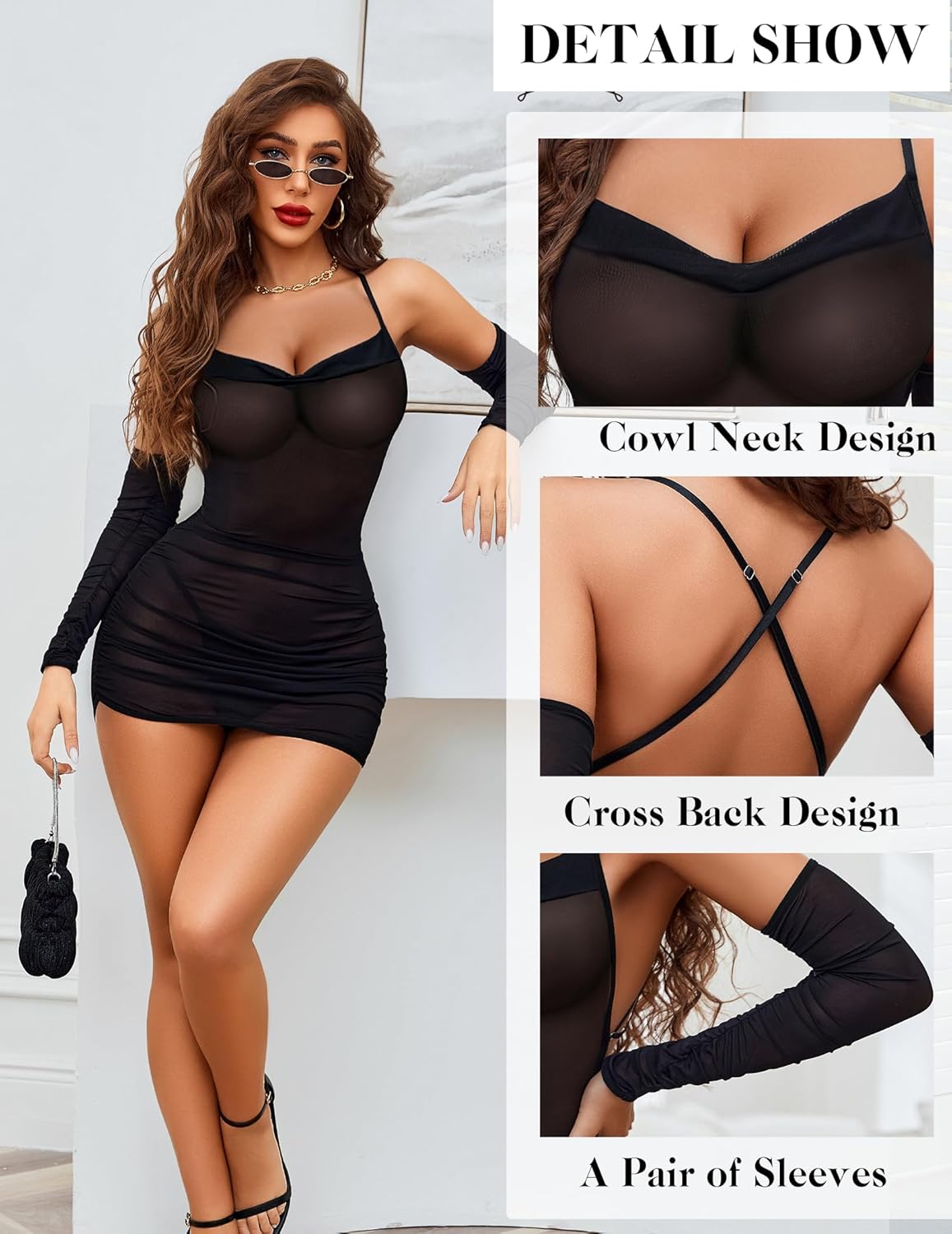 Black sheer mesh lingerie dress with sleeves. Sexy lingerie with cowl neck and cross-back design.