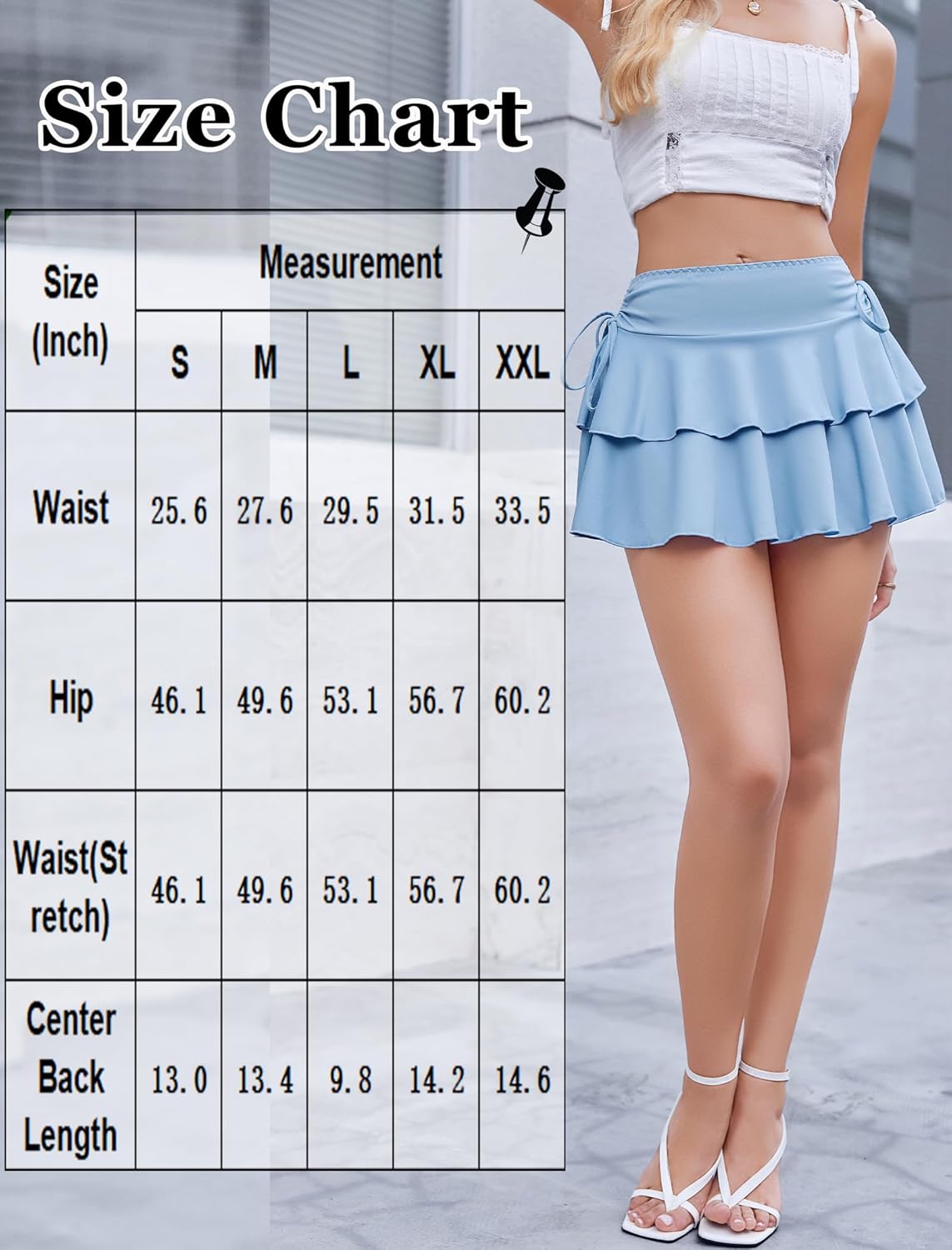 Size chart for light blue pleated mini skirt with measurements and model wearing the Y2K skirt