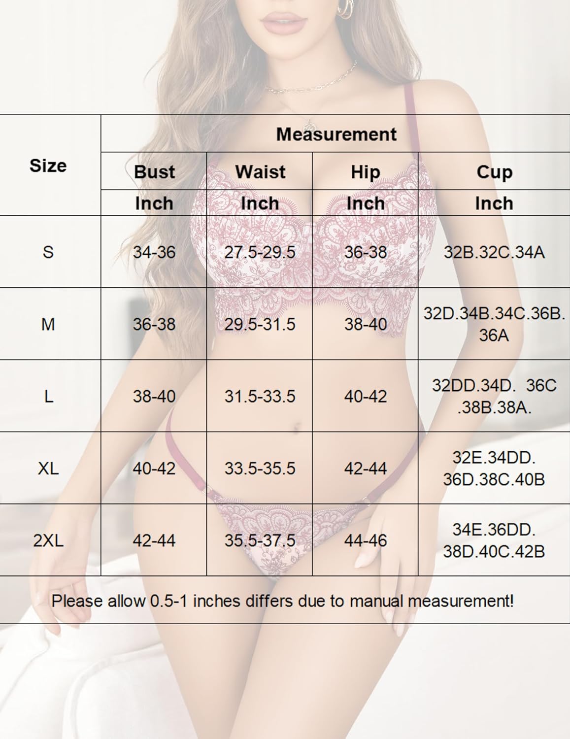 Lingerie set size chart. Bra and panty measurements. Sizes S-2XL. Floral lace design.