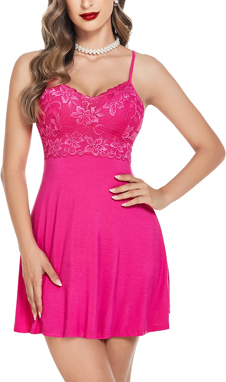Pink Avidlove lace chemise nightgown with floral lace bust and adjustable straps, perfect for sleep.