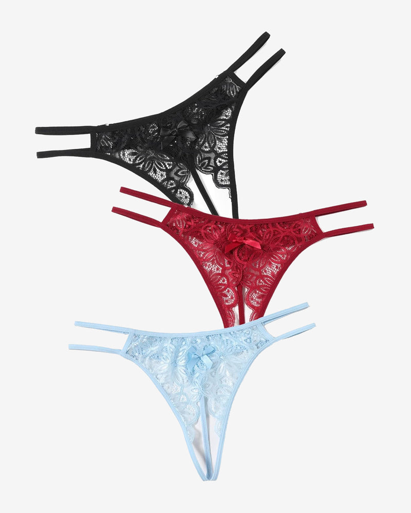 Floral lace briefs in black, red, and light blue. Sexy low-rise design with bow detail.