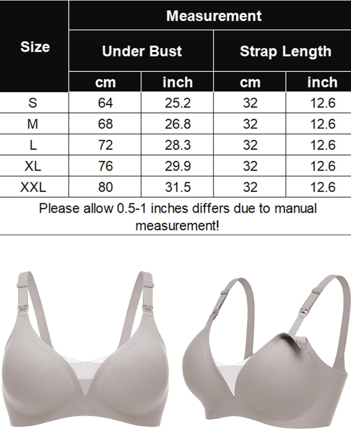 Nursing bra size chart and taupe wireless nursing bra, discreet breastfeeding support, measurements