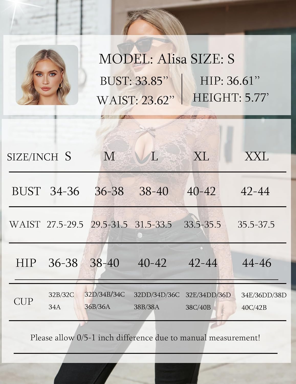 Avidlove Long Sleeve Lace Bodysuit Size Chart: Bust, Waist, Hip, Cup Measurements for sizes S to XXL