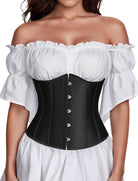 Black underbust corset top with center button front and white off-shoulder ruffle sleeves