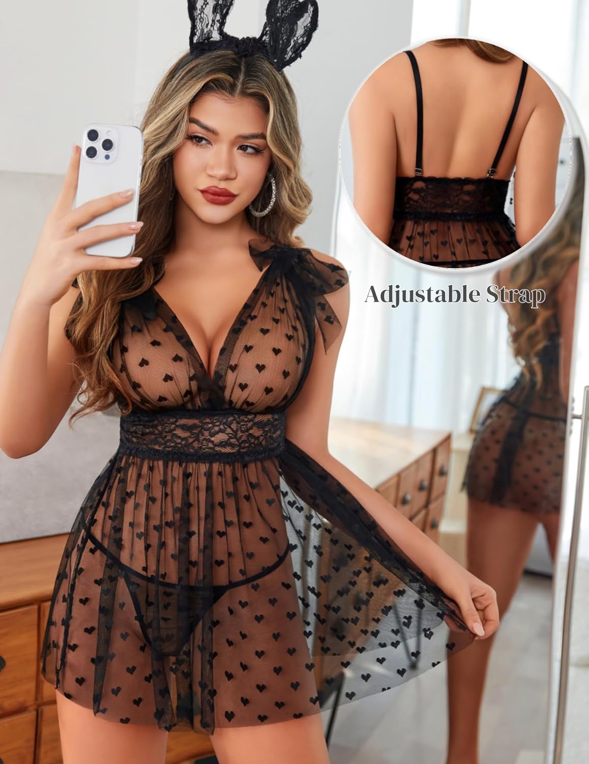 Black heart print sheer mesh babydoll nighty with lace, adjustable straps, and bunny ears