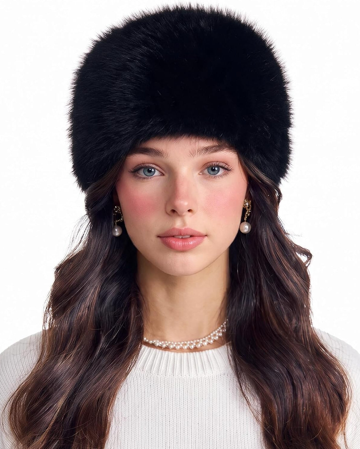 Black faux fur cossack hat with plush rounded crown and ear-covering brim