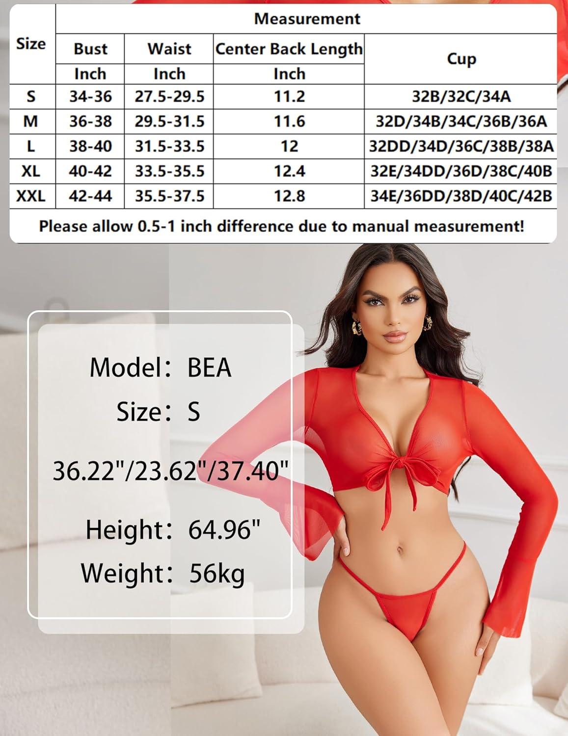 Red sheer crop top and G-string set with size chart, model BEA wearing size S, sexy lingerie