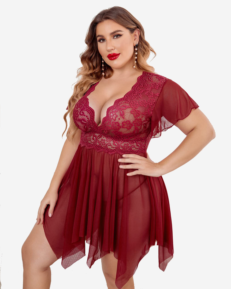 Plus Size Burgundy Babydoll Lingerie with Floral Lace, Deep V-Neck, Asymmetrical Hem