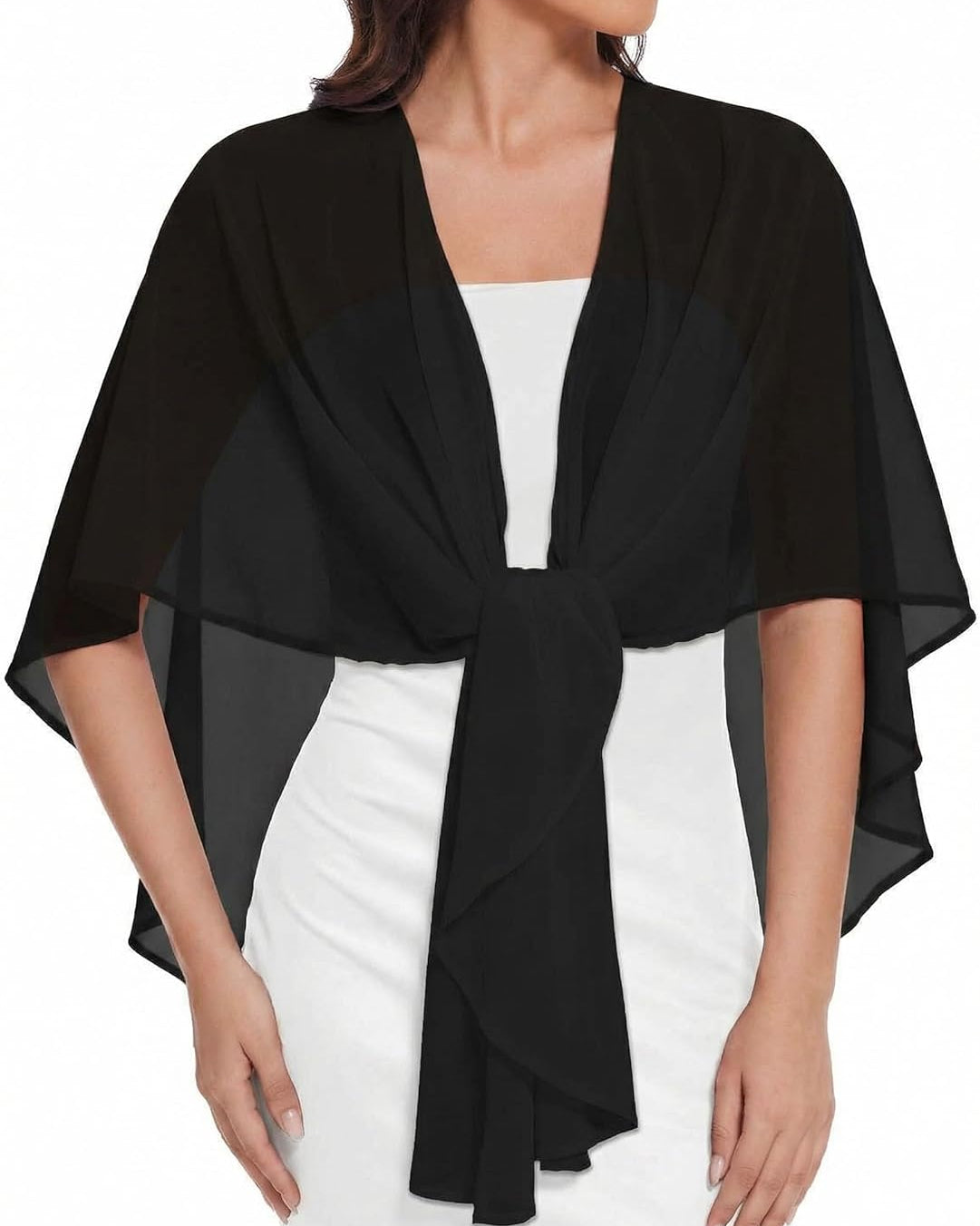 Black sheer chiffon shawl wrap tied at waist with cape-like sleeves