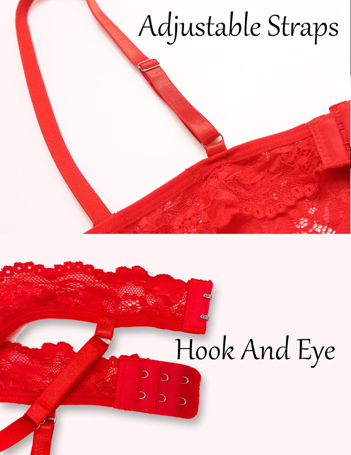 Red lace lingerie with adjustable straps and hook-and-eye closure, featuring delicate details.