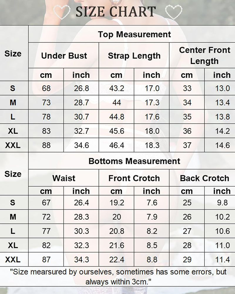 Lace bodysuit size chart showing underbust, strap length, waist measurements, perfect fit lingerie