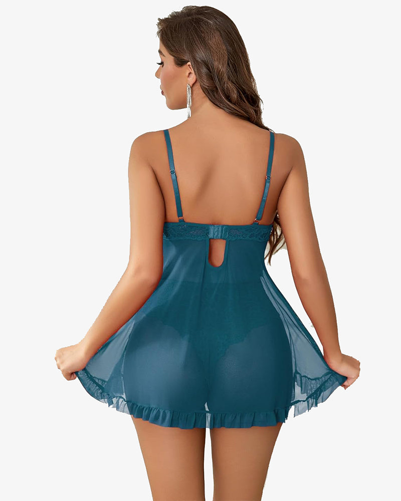 Teal lace boudoir lingerie dress with adjustable straps and ruffle hem