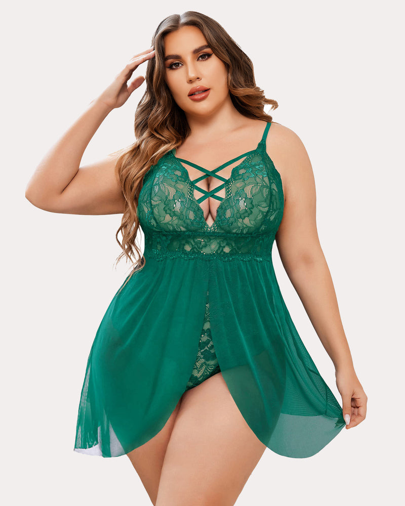 Plus Size Green Babydoll Lingerie with Lace Cups, Criss-Cross Straps and Mesh Overlay