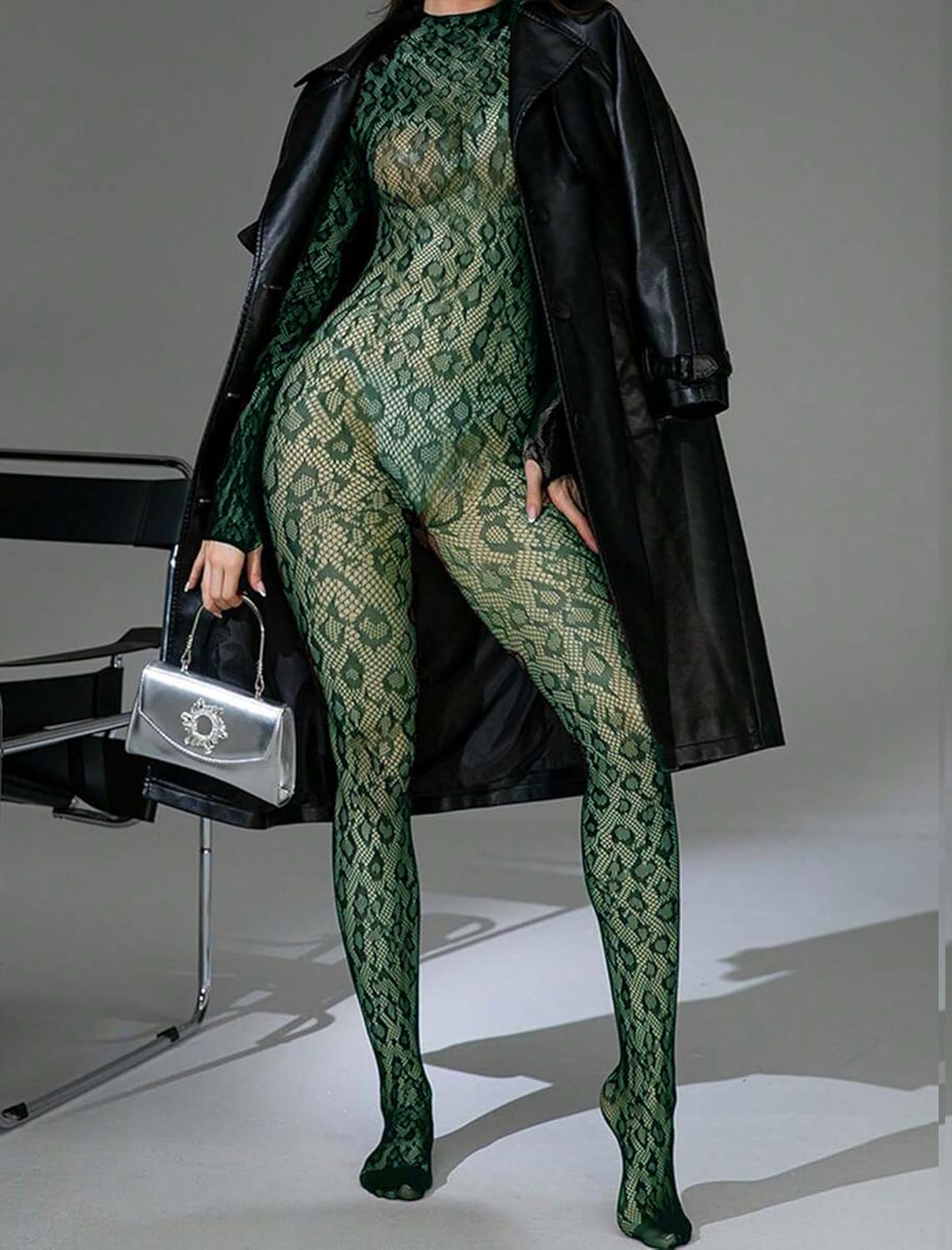 Green snake-skin fishnet bodysuit for rave parties and date nights. Sexy lingerie.