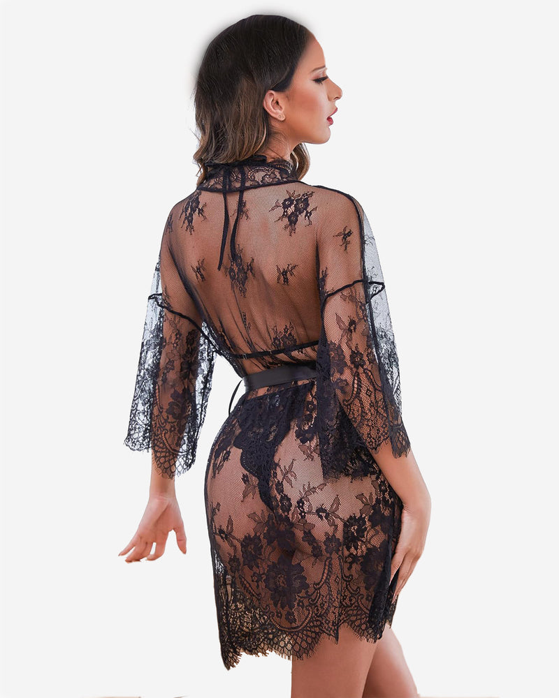 Avidlove black lace robe and teddy set, butterfly sleeves and elegant design, for confident beauty.