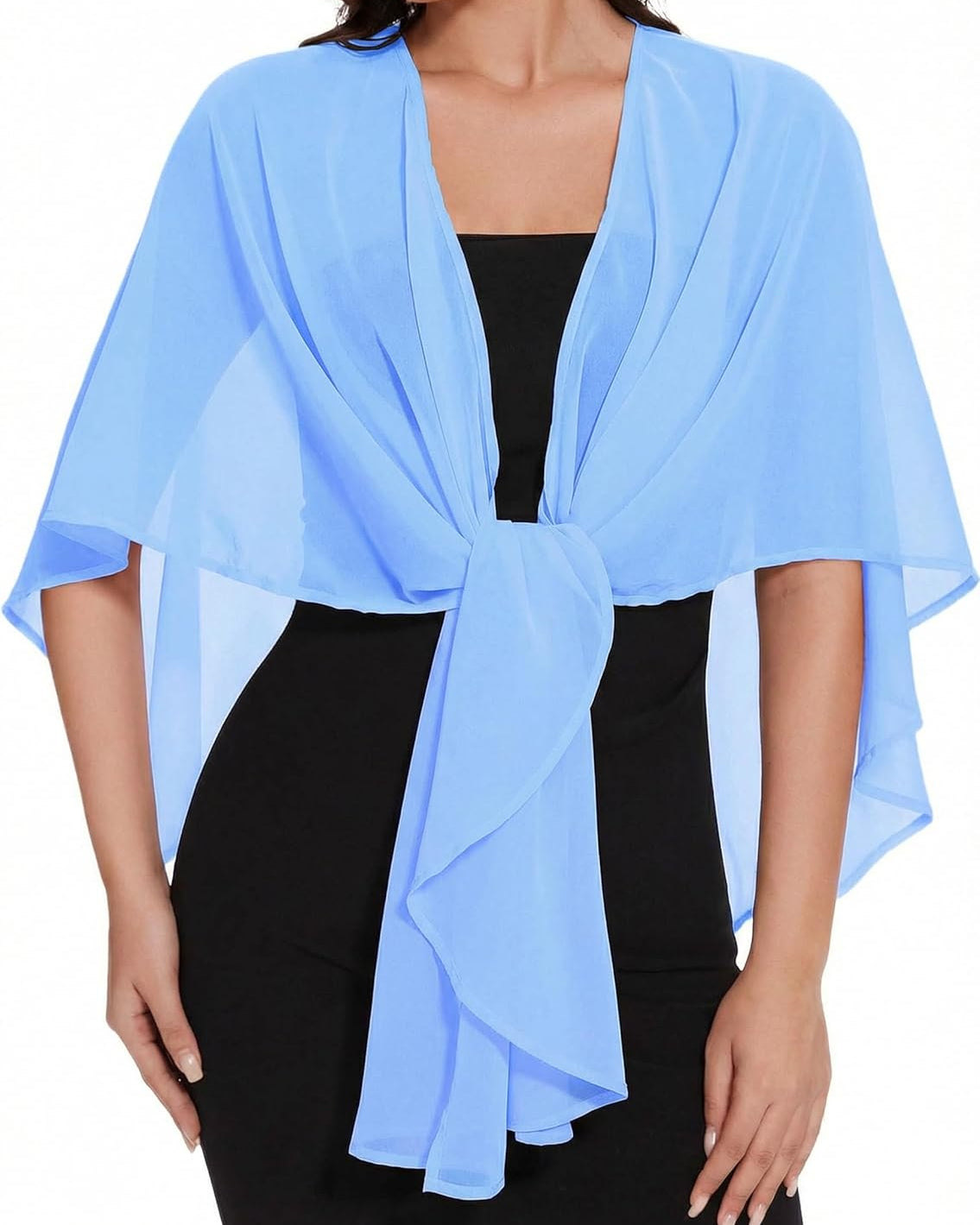 Light blue sheer chiffon shawl wrap tied at center with loose, airy sleeves