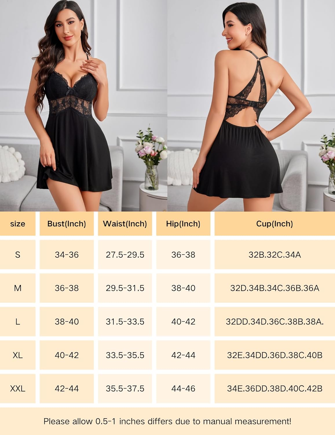 Black lace babydoll nightgown with deep V-neck and size chart, Avidlove