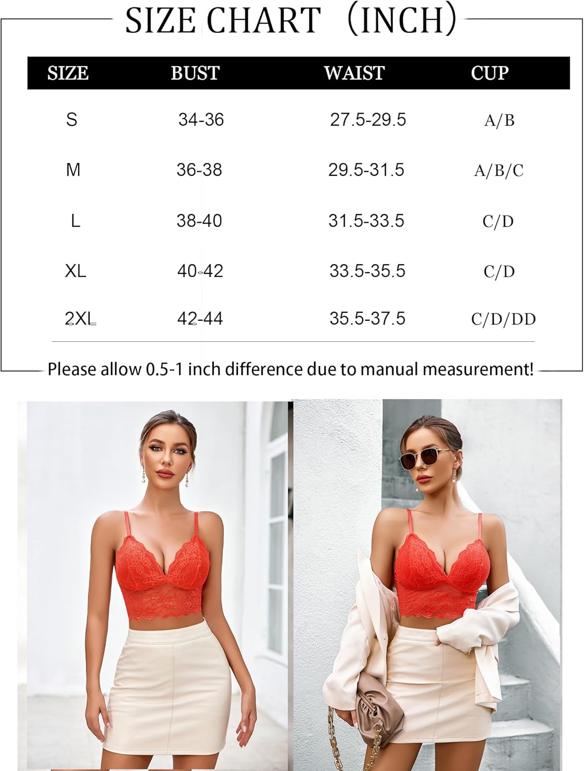 Size chart for lace bustier top with bust, waist, cup, and models wearing the top
