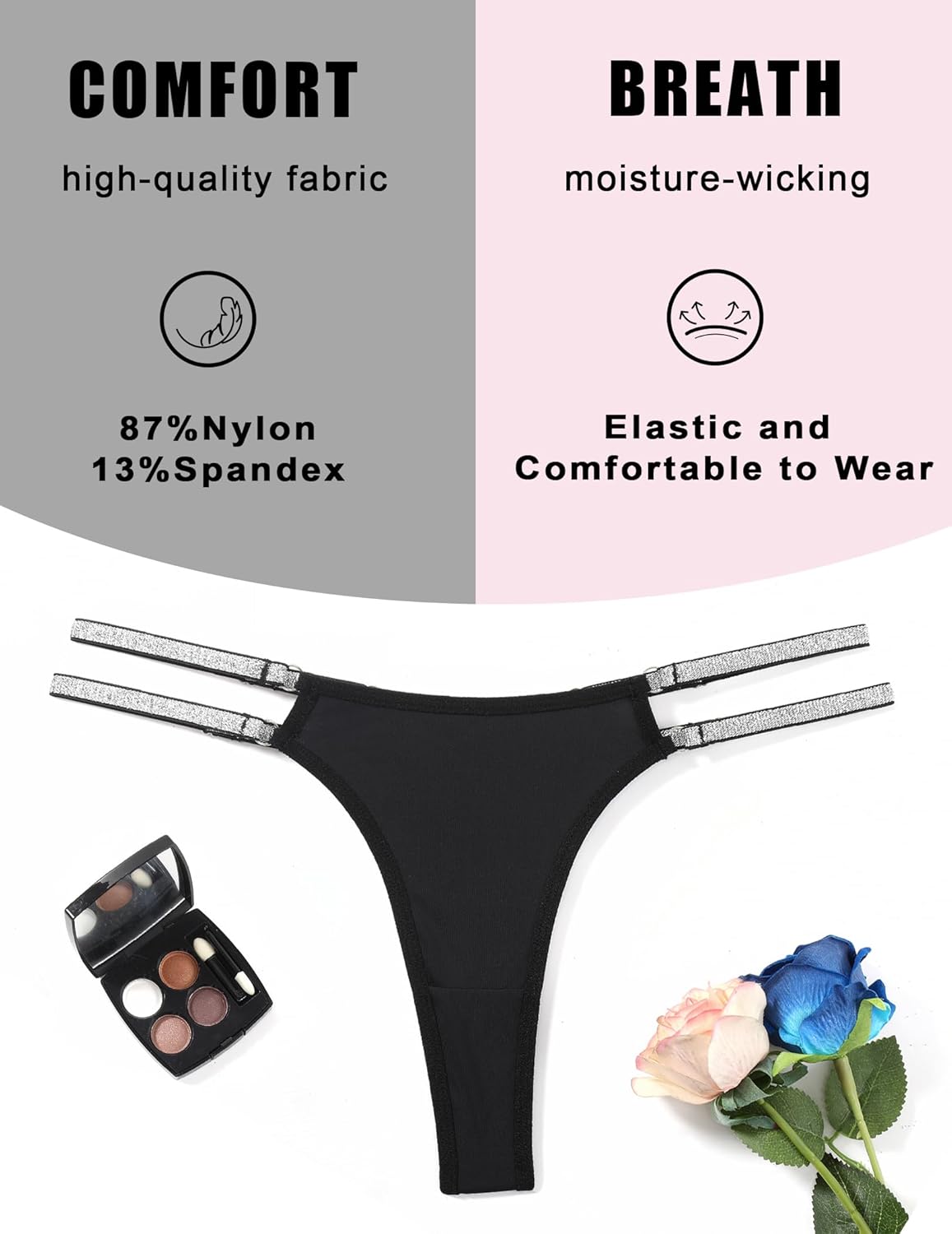 Low waist black Brazilian tanga panties with flashing straps, comfortable and breathable.