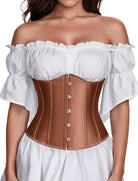 Brown underbust corset top with button front and white off-shoulder ruffle sleeves