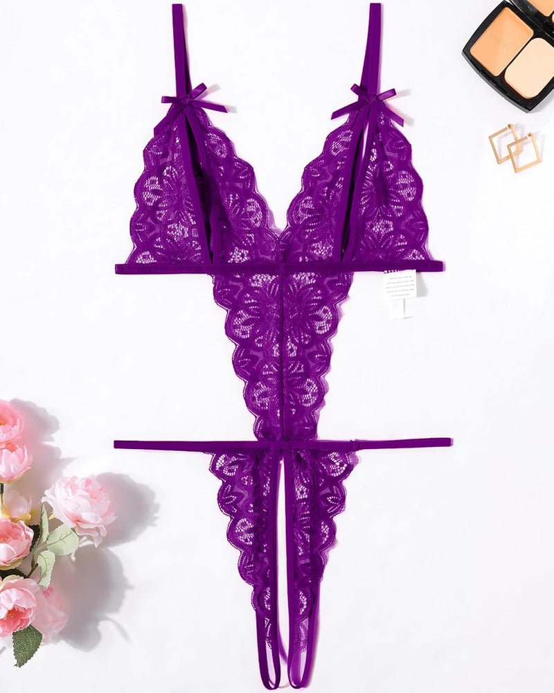 Purple lace bodysuit with deep V-neck, open cup, backless design, and bow details. Sexy lingerie.