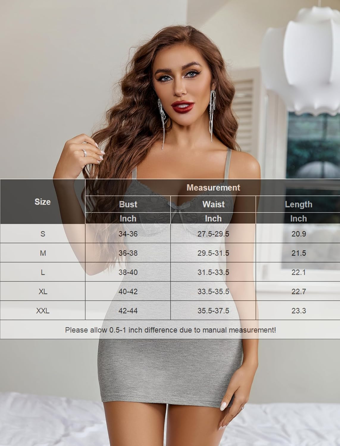 Grey Modal Dress V Neck Full Slip Chemise with size chart, comfortable lingerie for a sweet night