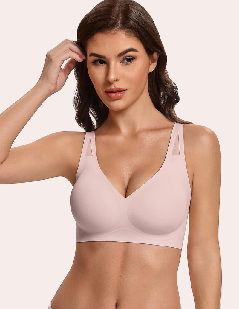 Wireless full-coverage bra in nude pink, V-neck, wide adjustable straps
