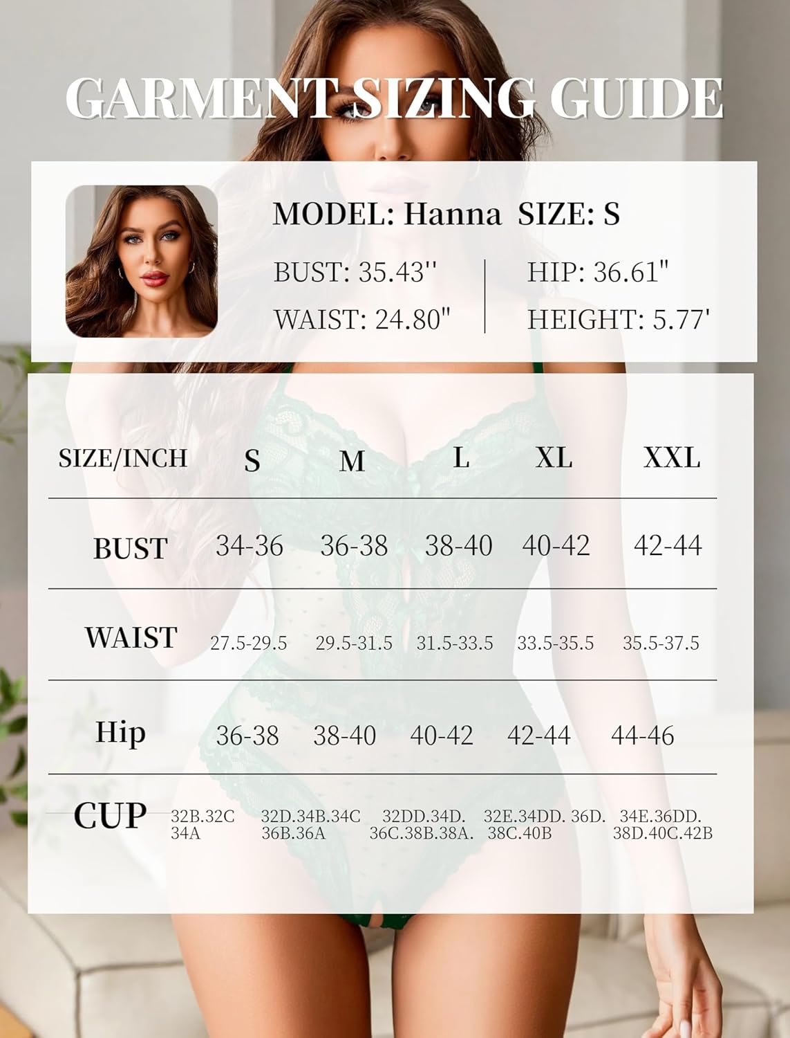 Sheer lace bodysuit size chart with model Hanna. Bust, waist, hip, and cup measurements.
