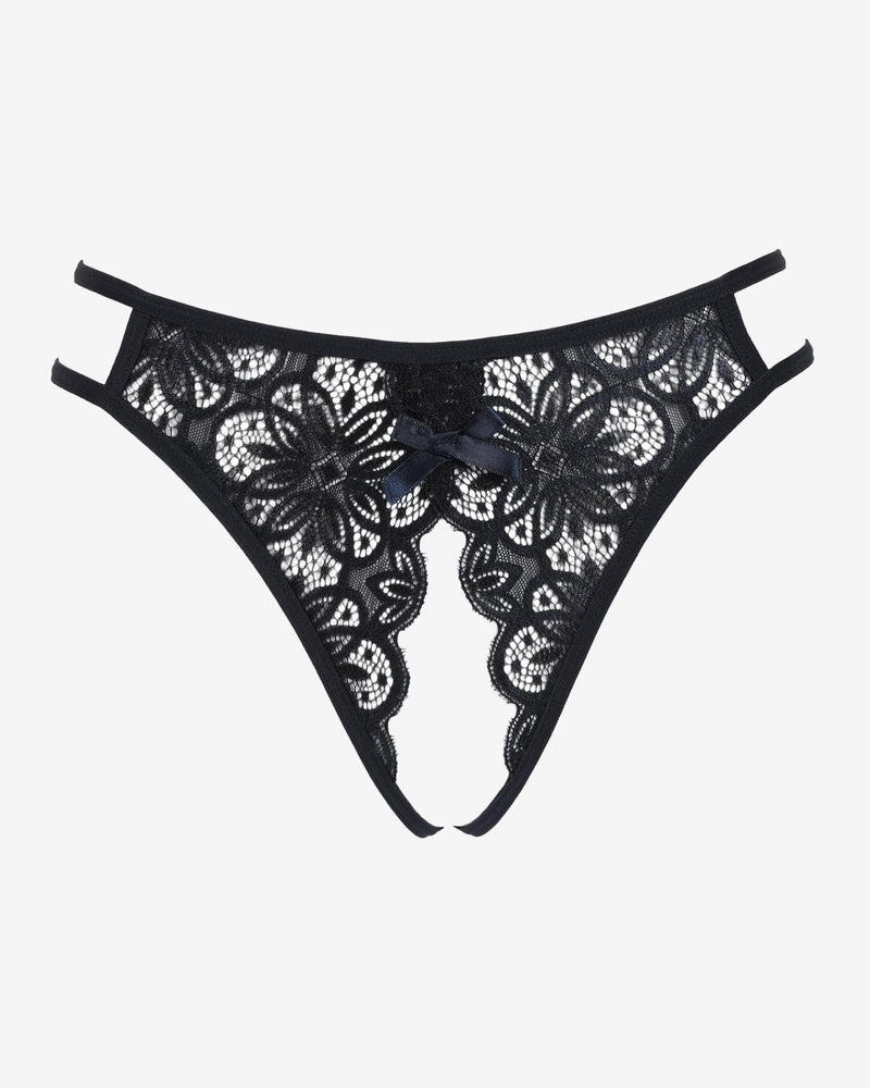 Black floral lace briefs with bow detail. Sexy low-rise design. Avidlove lingerie.