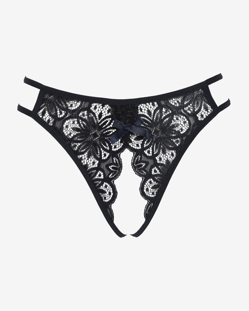 Black floral lace briefs with bow detail. Sexy low-rise design with open back.