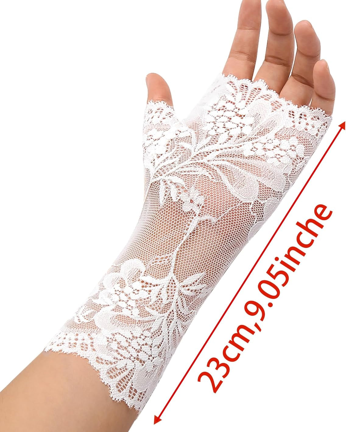 White floral lace fingerless bridal glove, 23cm/9.05 inches, perfect for weddings.