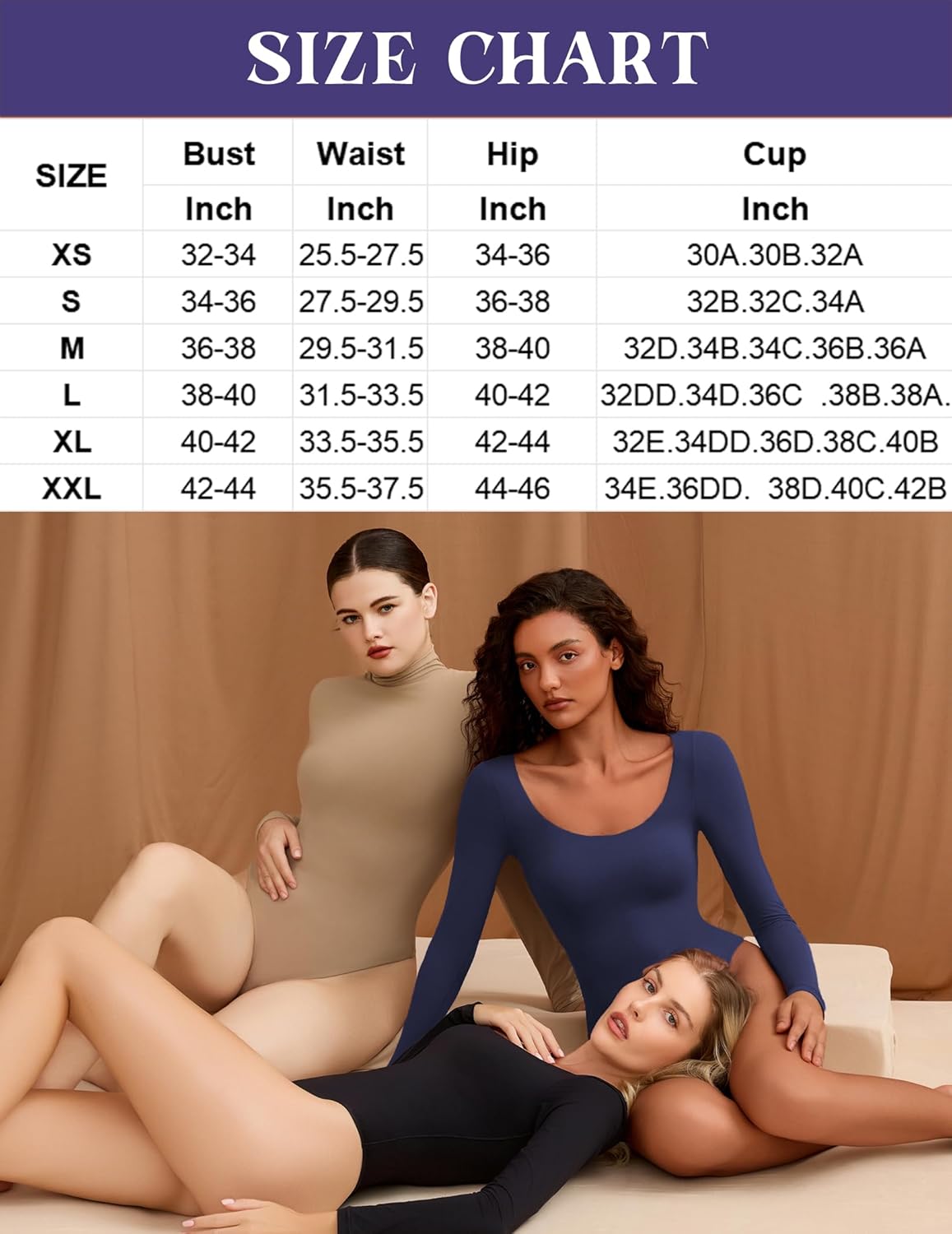 Shapewear size chart with models wearing scoop neck bodysuits in different colors. XS-XXL sizing.