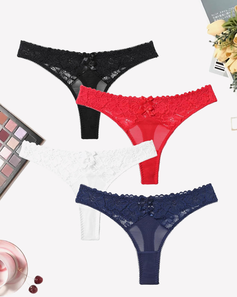 Mesh lace thongs in black, red, white, and navy, low waist panties with bow detail, elegant lingerie