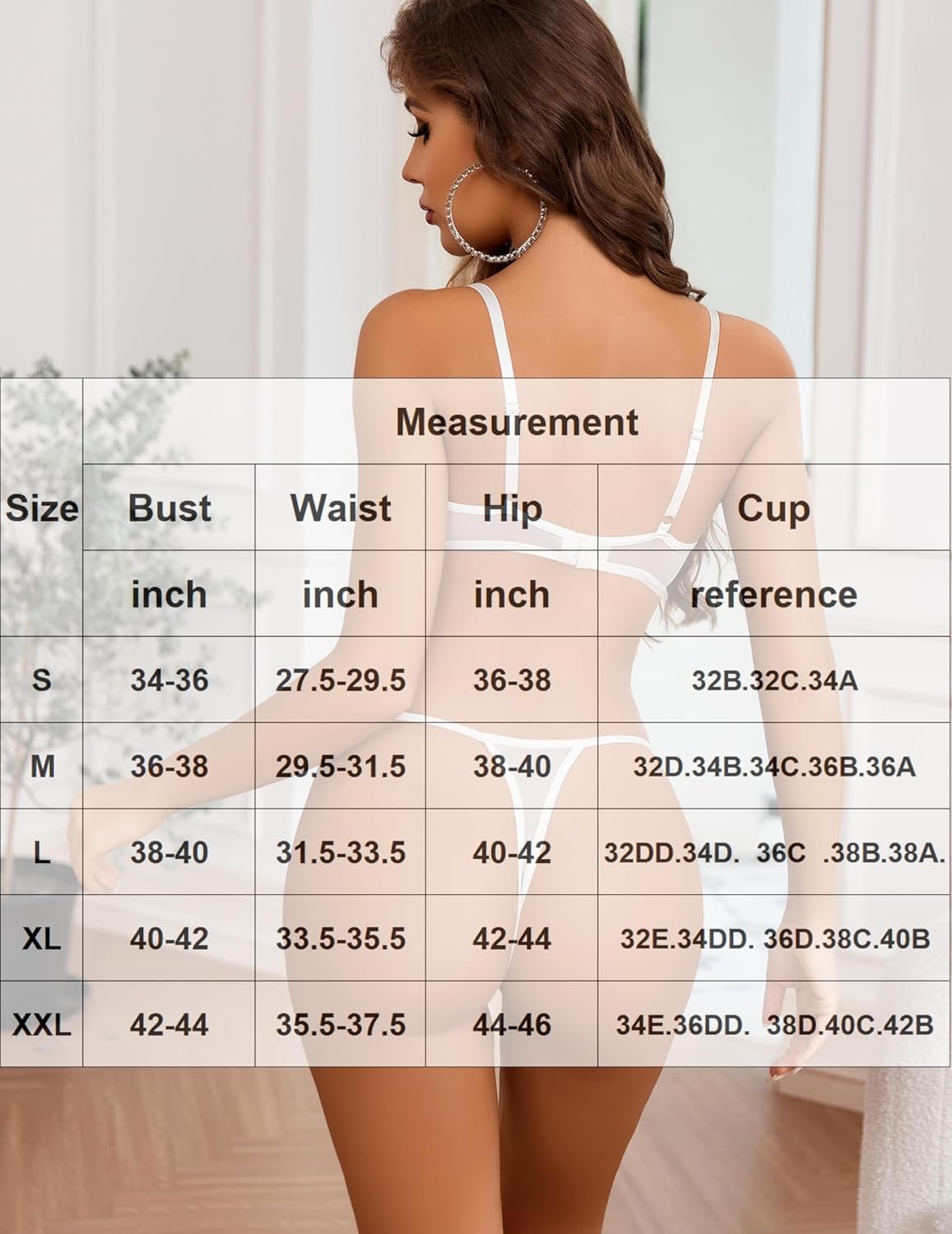 White cut-out lingerie set with size chart, perfect for bridal or romantic nights, Avidlove lingerie