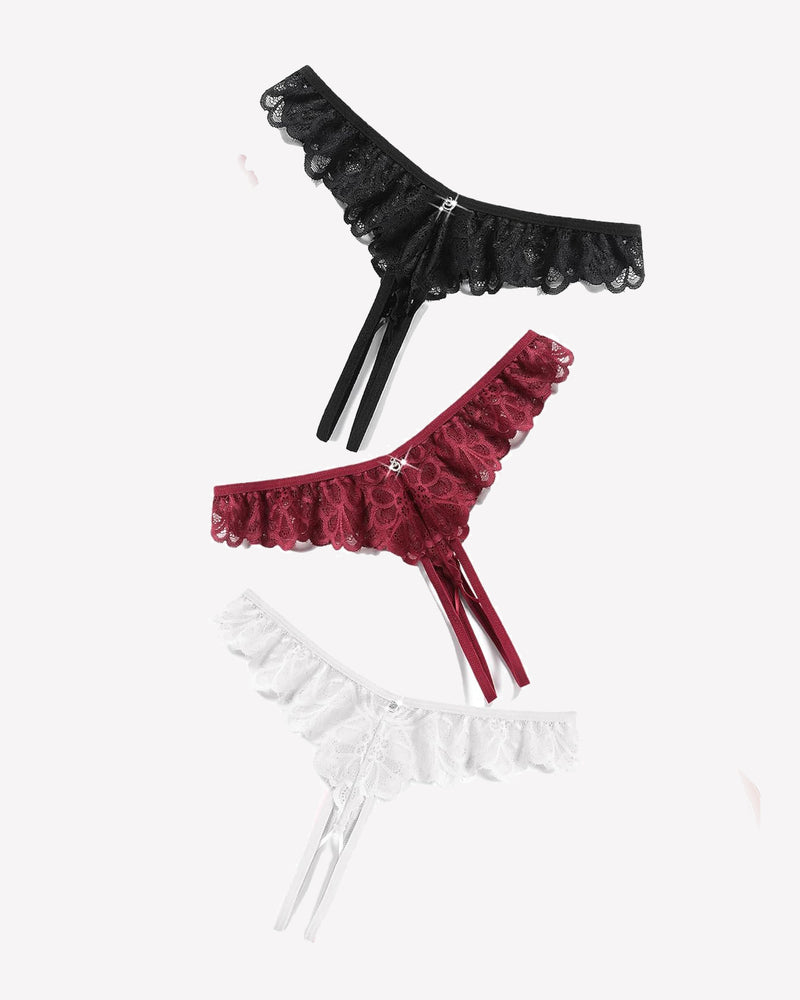 Lace thong briefs in black, burgundy, and white with criss-cross design and rhinestone details