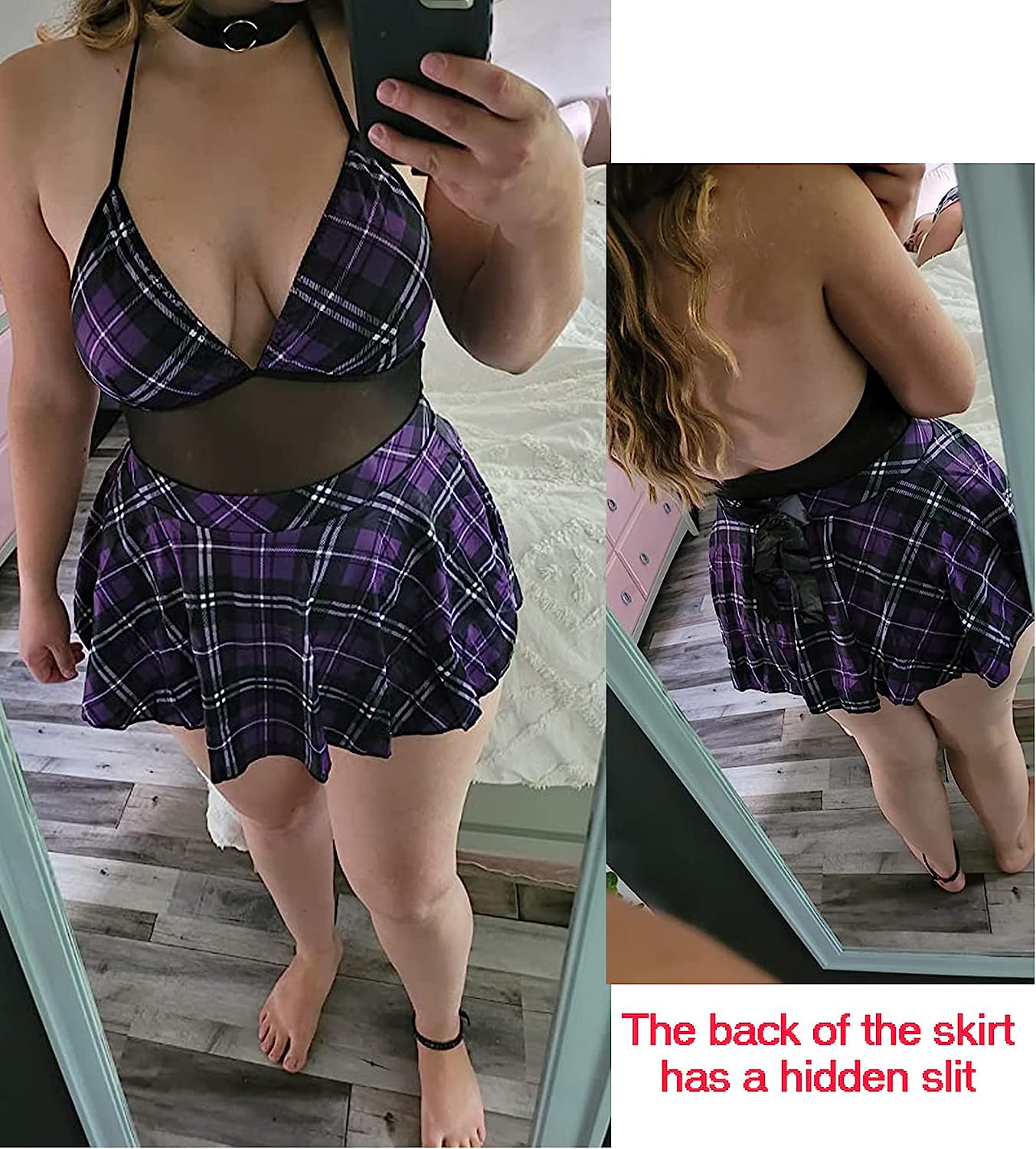 Purple plaid schoolgirl lingerie set: halter top, mini skirt with hidden slit, perfect for cosplay.
