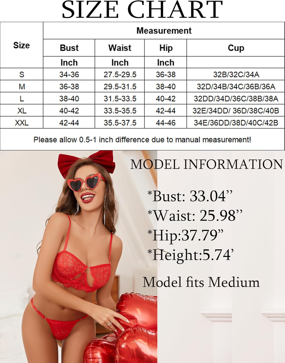 Red lace push-up bra set size chart, model wearing size M, Avidlove lingerie