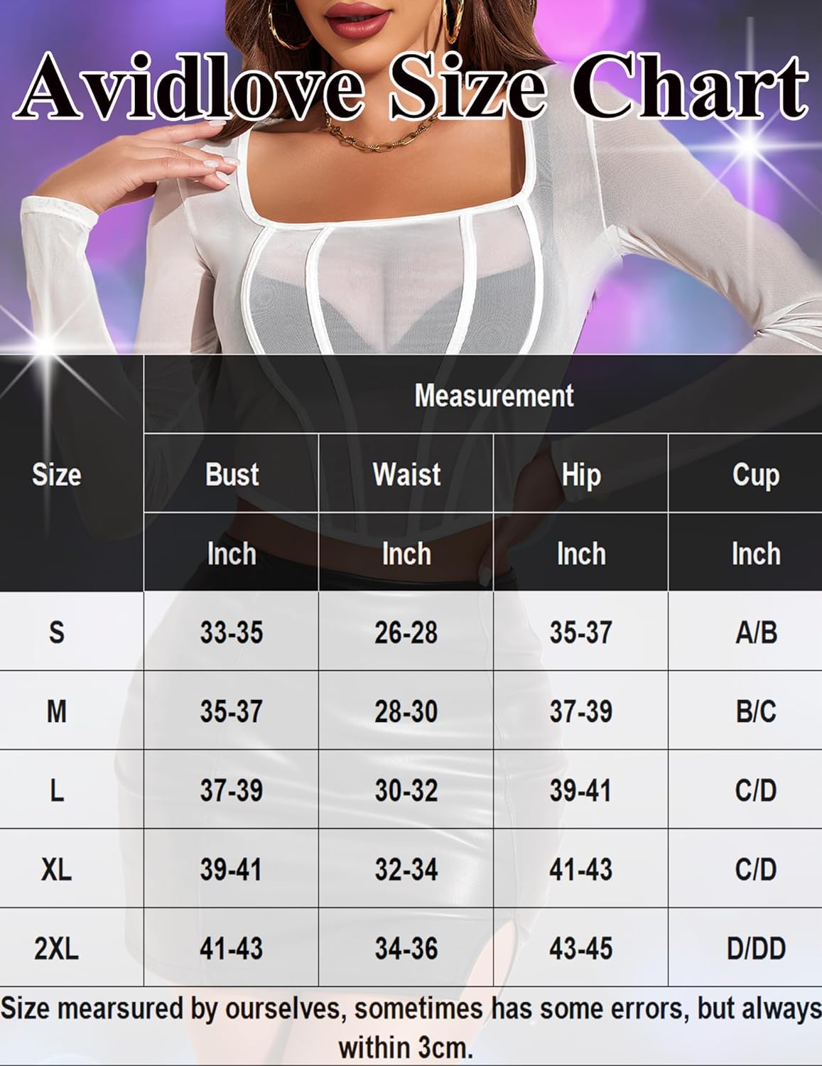 Mesh crop top size chart by Avidlove, measurements in inches, sizes S-2XL.