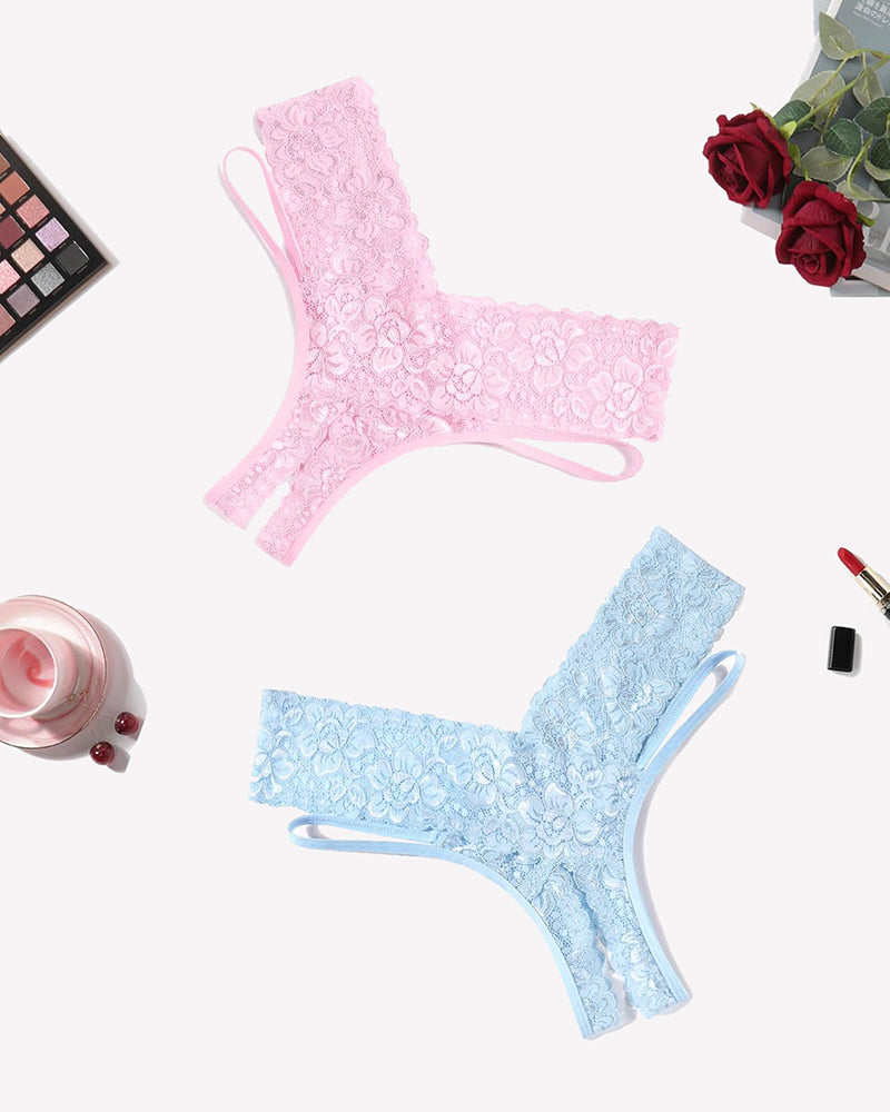 Avidlove Lace V-shape cheeky panties in pink and light blue. Low-rise design, sexy lingerie.