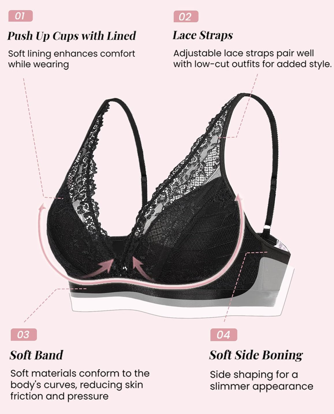 Black lace wireless bralette with adjustable straps, highlighting comfort and style features.