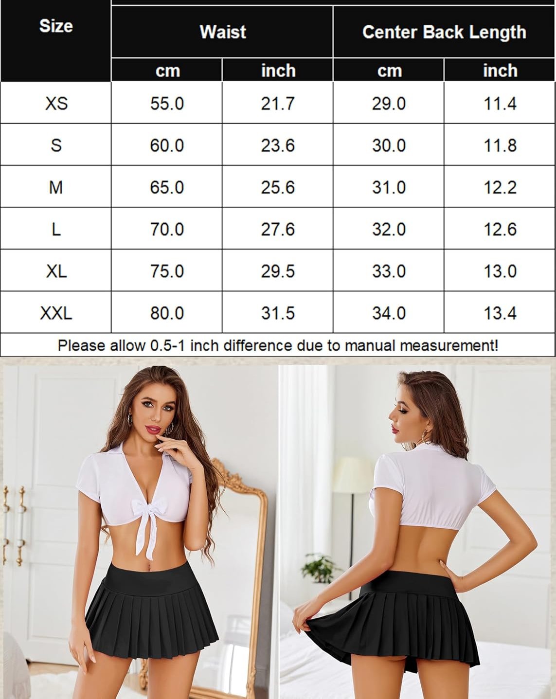 Black pleated mini skirt, high waist, Y2k style, sizes XS-XXL with measurement chart.